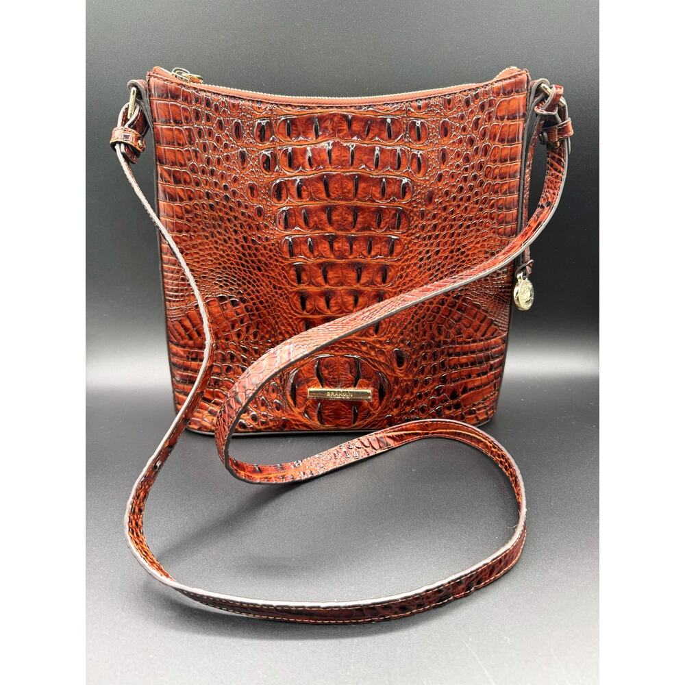 Brahmin Katie Zip Top Pecan Melbourne Croc Embossed Leather Crossbody Bag